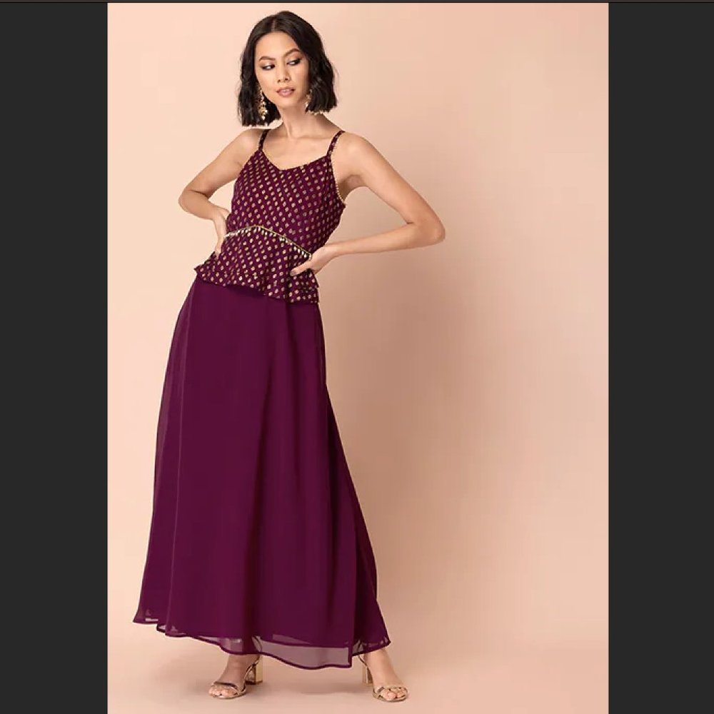 [NWT] Maroon Foil Print Strappy Peplum Maxi Kurta XS